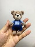 Handmade Shetland Wool Crochet Bear – Vintage Style with Overalls, Finished Keychain and Bag Charm