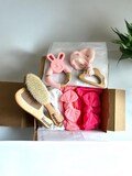 personalized newborn keepsake box, name hair brush set, big bow headband, silicone bunny teether,