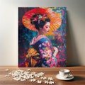 Vibrant Geisha with Umbrella Puzzle - Traditional Japanese Jigsaw - Gift for Art and Culture Lovers  (110, 252, 520, 1014 piece)
