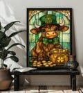 Stained Glass St. Patrick's Day Highland Cow Jigsaw Puzzle,Highland Cow St. Patrick's Day Gift Decor Puzzles，Highland Cow Wall Art