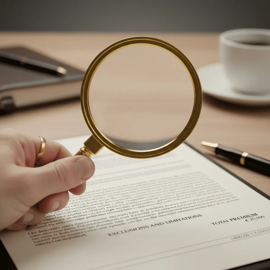 A close-up of a hand holding a magnifying glass over a contract, focusing on the fine print rather than the total price at the bottom, symbolizing deep analysis.