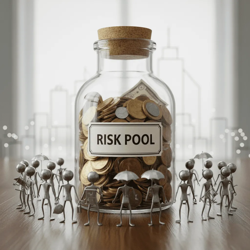 A simple illustration of a glass jar filled with coins, representing a "Risk Pool," with 100 stick figures standing around it.