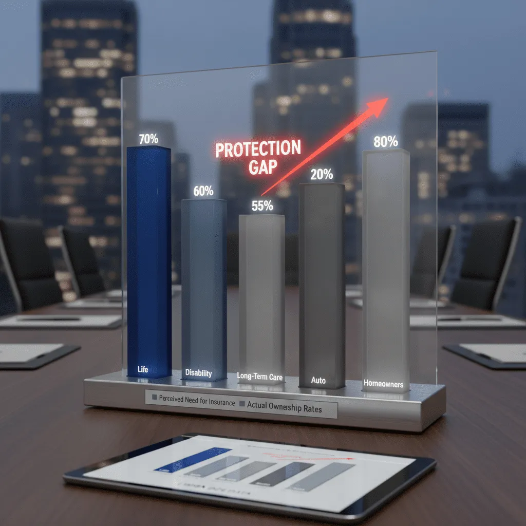 A bar chart comparing 'Perceived Need for Insurance' vs 'Actual Ownership Rates' based on the LIMRA 2024 data, highlighting the gap