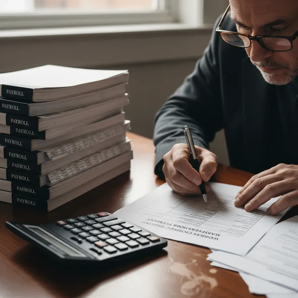 A close-up photo of a business owner reviewing a workers compensation audit statement next to a calculator and a stack of payroll journals. Alt text: Business owner analyzing workers compensation audit statement and payroll records.