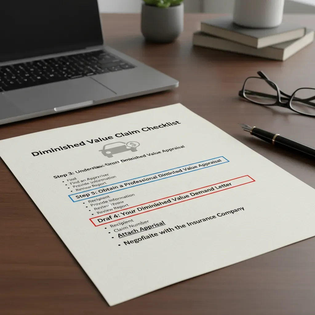 A sample checklist document showing the key steps to take for a diminished value claim, including getting an appraisal and writing a demand letter.