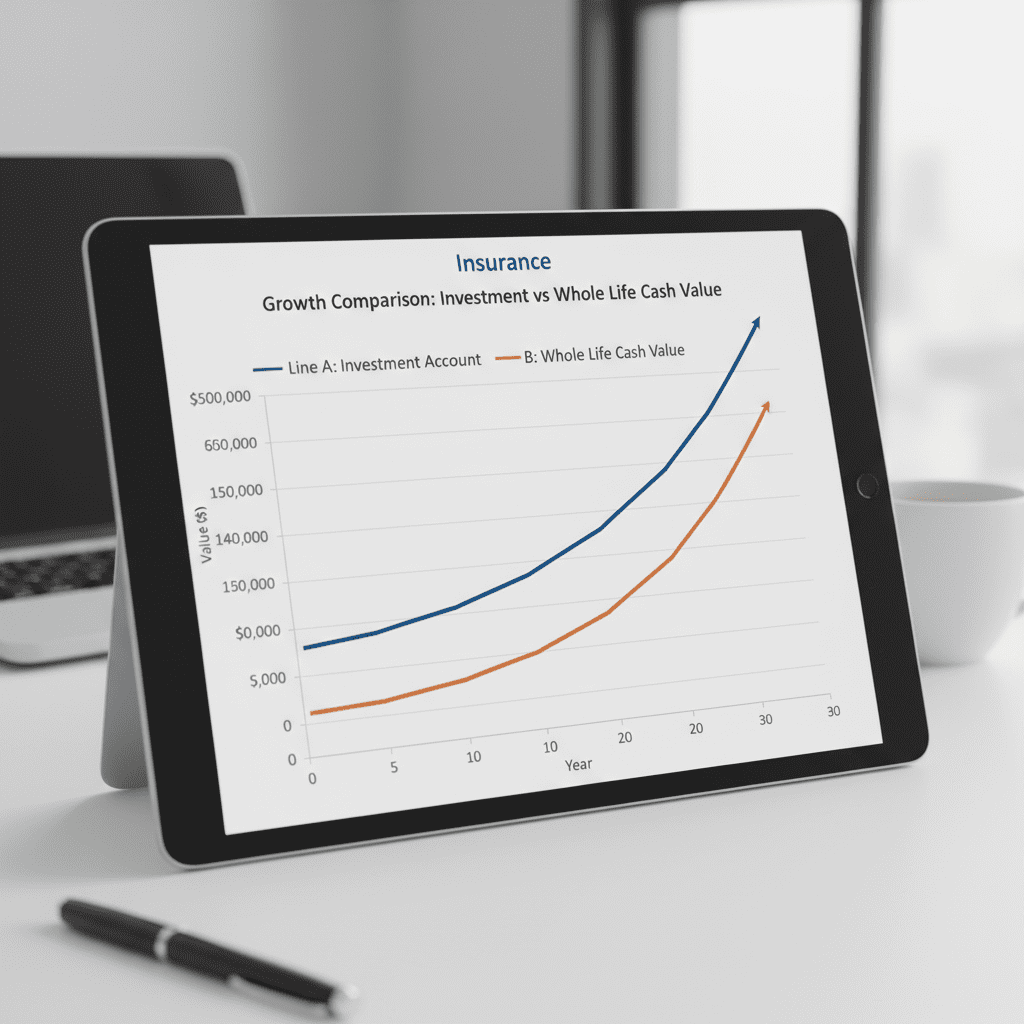 emystifying Common Insurance Policy Confusions Line graph showing two lines. Line A (Investment Account) grows exponentially starting from year 1. Line B (Whole Life Cash Value) starts flat or negative for 5 years, then grows slowly, never catching Line A.