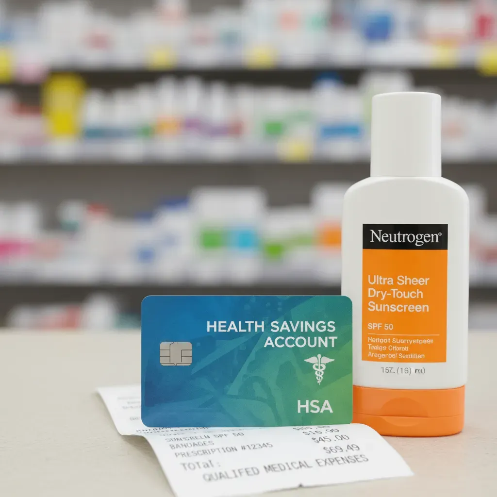 A close-up photo of a Health Savings Account (HSA) debit card resting on top of a pharmacy receipt and a bottle of sunscreen, illustrating the point of purchase decision. Alt text: HSA debit card and receipt showing qualified medical expenses.