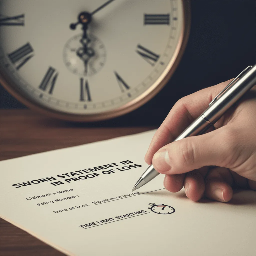 A close-up photo of a hand signing a document labeled 'Sworn Statement in Proof of Loss', with a clock in the background symbolizing the time limit starting.