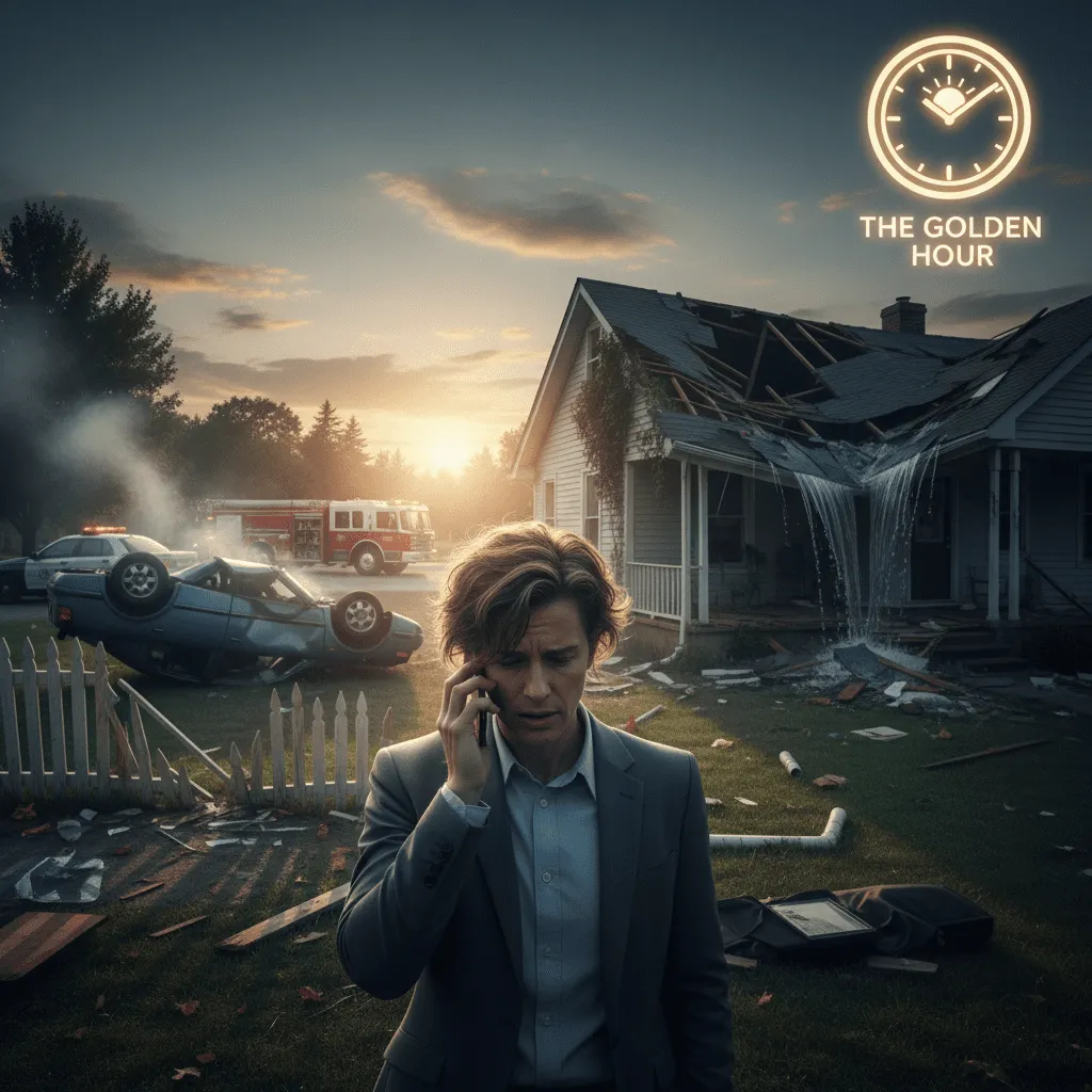 A stressed person looking at a car accident or home damage, holding a smartphone, with a clock graphic overlay indicating 'The Golden Hour'