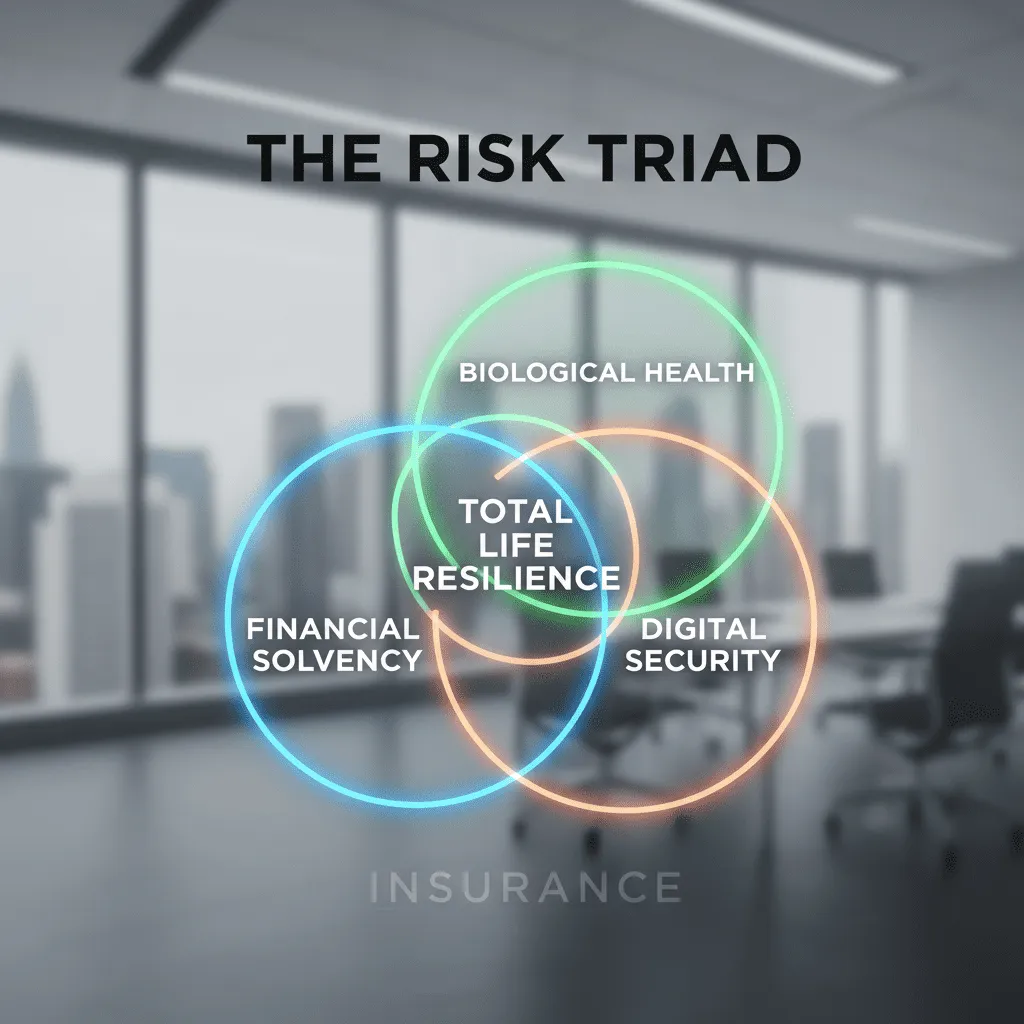 Venn Diagram titled "The Risk Triad" showing three overlapping circles: Financial Solvency, Biological Health, and Digital Security. The center intersection is labeled "Total Life Resilience."