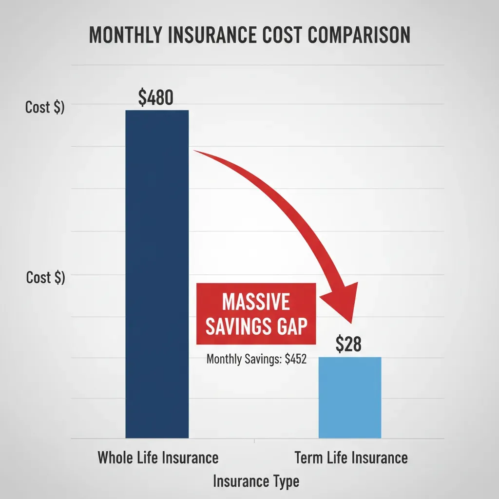 A side-by-side bar chart comparison showing the monthly cost of Whole Life insurance at $480 versus Term Life insurance at $28, highlighting the massive savings gap.