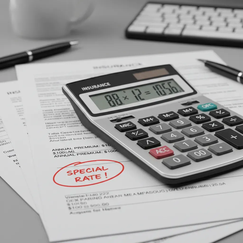 A calculator sitting on insurance paperwork showing a calculation where $88 times 12 equals $1056, but the annual price is circled as $1000.