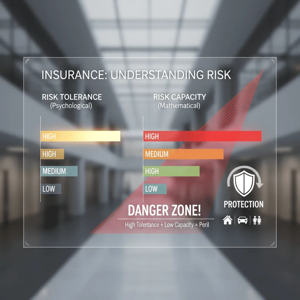 Bar chart comparing "Risk Tolerance" (Psychological) vs "Risk Capacity" (Mathematical). The chart visualizes how high tolerance combined with low capacity creates a "Danger Zone."