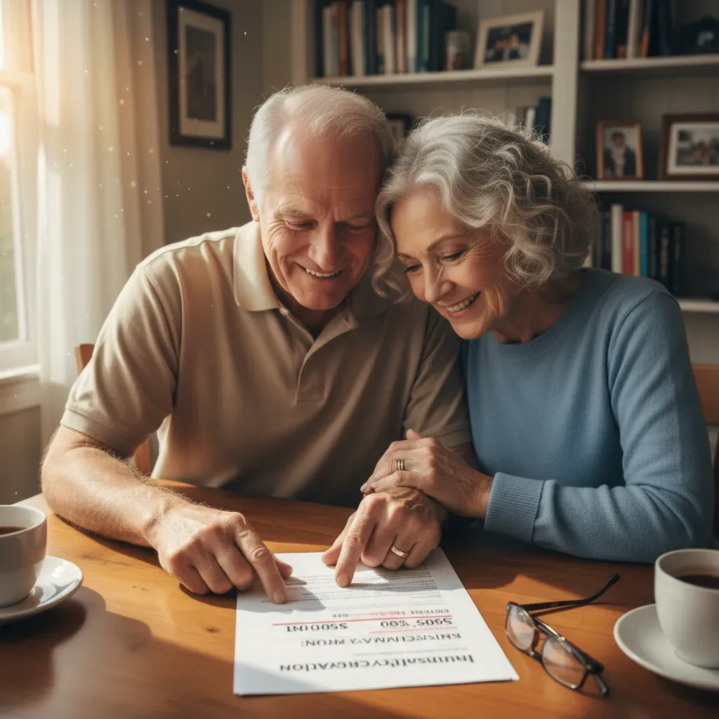An older couple looking relieved while reviewing a document that shows a reduced coverage amount and a lower monthly payment.