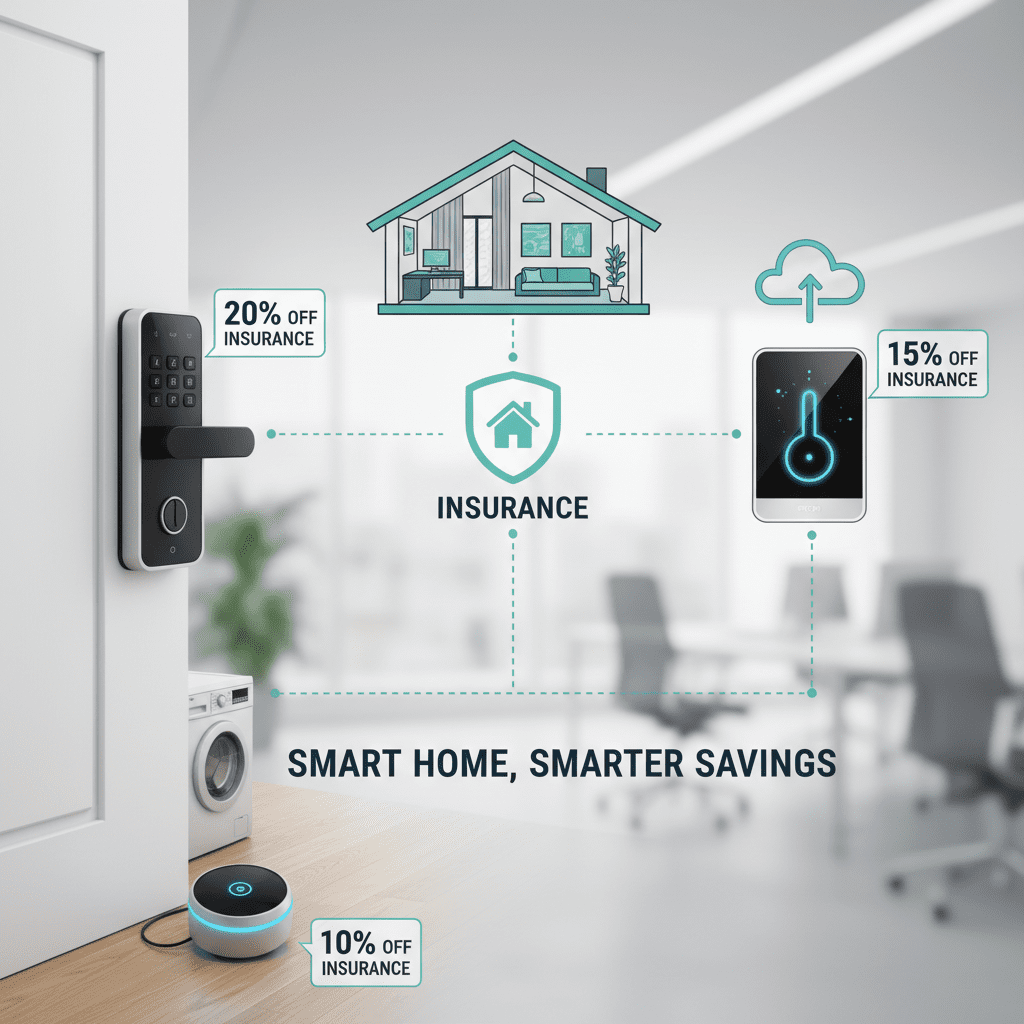 Unlocking Every Insurance Discount You Qualify For An infographic illustrating a smart home ecosystem with percentage savings tags attached to a smart lock, a leak detector, and a smart thermostat.
