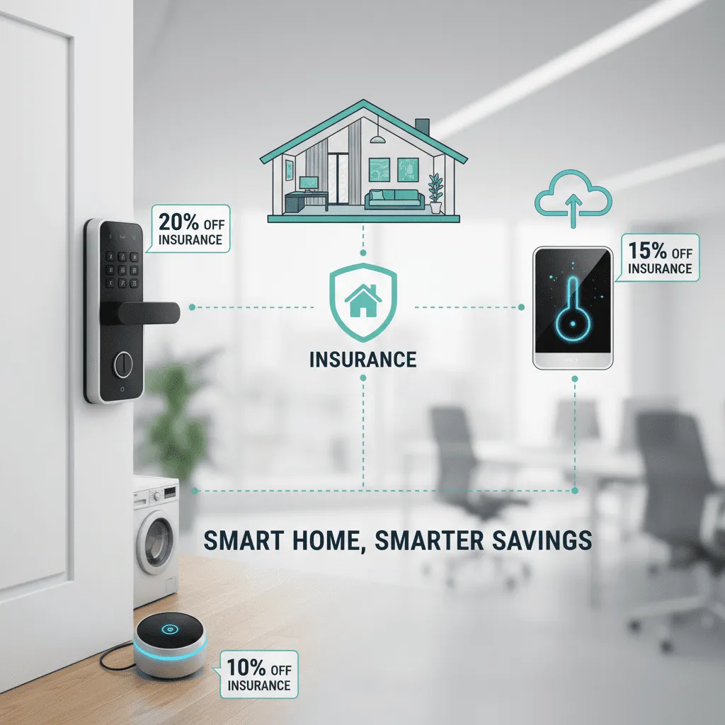 An infographic illustrating a smart home ecosystem with percentage savings tags attached to a smart lock, a leak detector, and a smart thermostat.