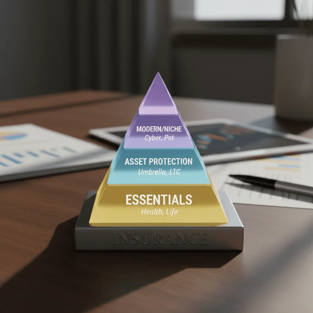 A pyramid diagram showing three layers of insurance: Essentials at the bottom (Health, Life), Asset Protection in the middle (Umbrella, LTC), and Modern/Niche at the top (Cyber, Pet)