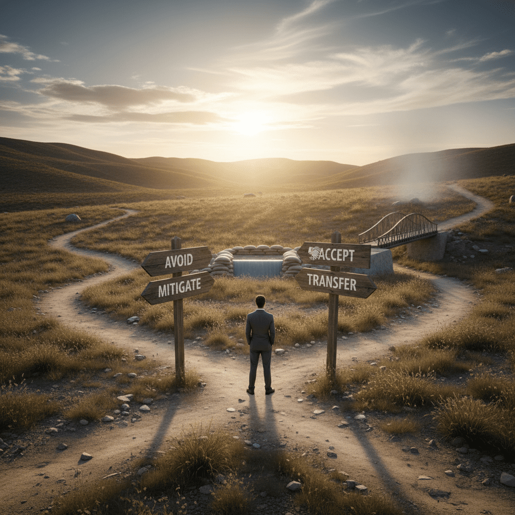 Avoid, Mitigate, Transfer: Simple Ways to Handle Life's Uncertainties A conceptual illustration showing a person standing at a crossroads with four signposts labeled Avoid, Mitigate, Transfer, and Accept, symbolizing decision-making under uncertainty.