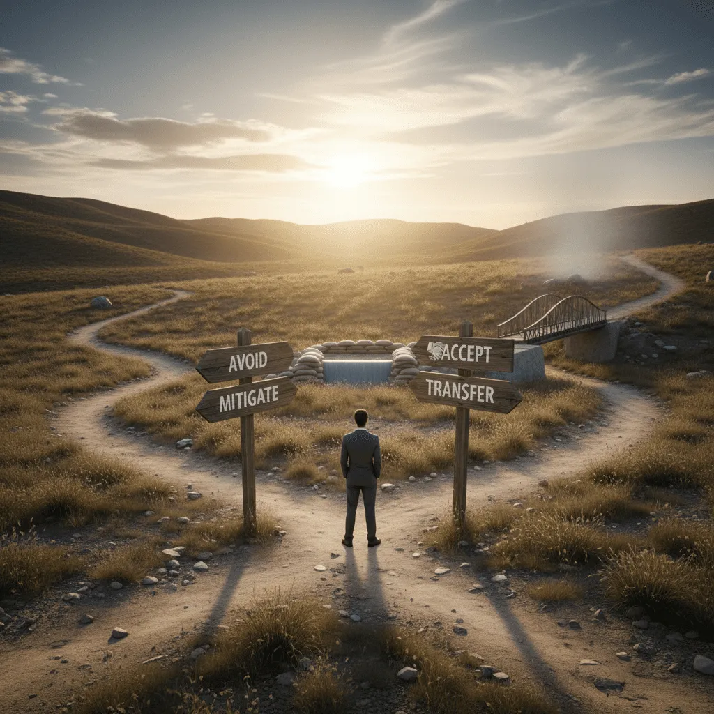 A conceptual illustration showing a person standing at a crossroads with four signposts labeled Avoid, Mitigate, Transfer, and Accept, symbolizing decision-making under uncertainty.