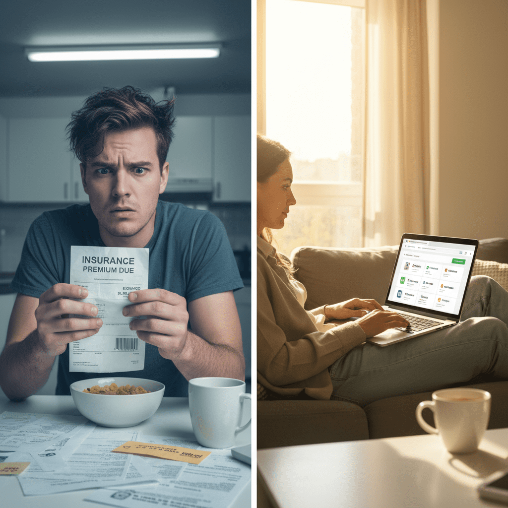 Smart Ways to Slash Your Insurance Premiums Today A stressed person looking at a high insurance bill on a kitchen table, contrasting with a calm person using a laptop to compare rates, symbolizing the transition from stress to control.