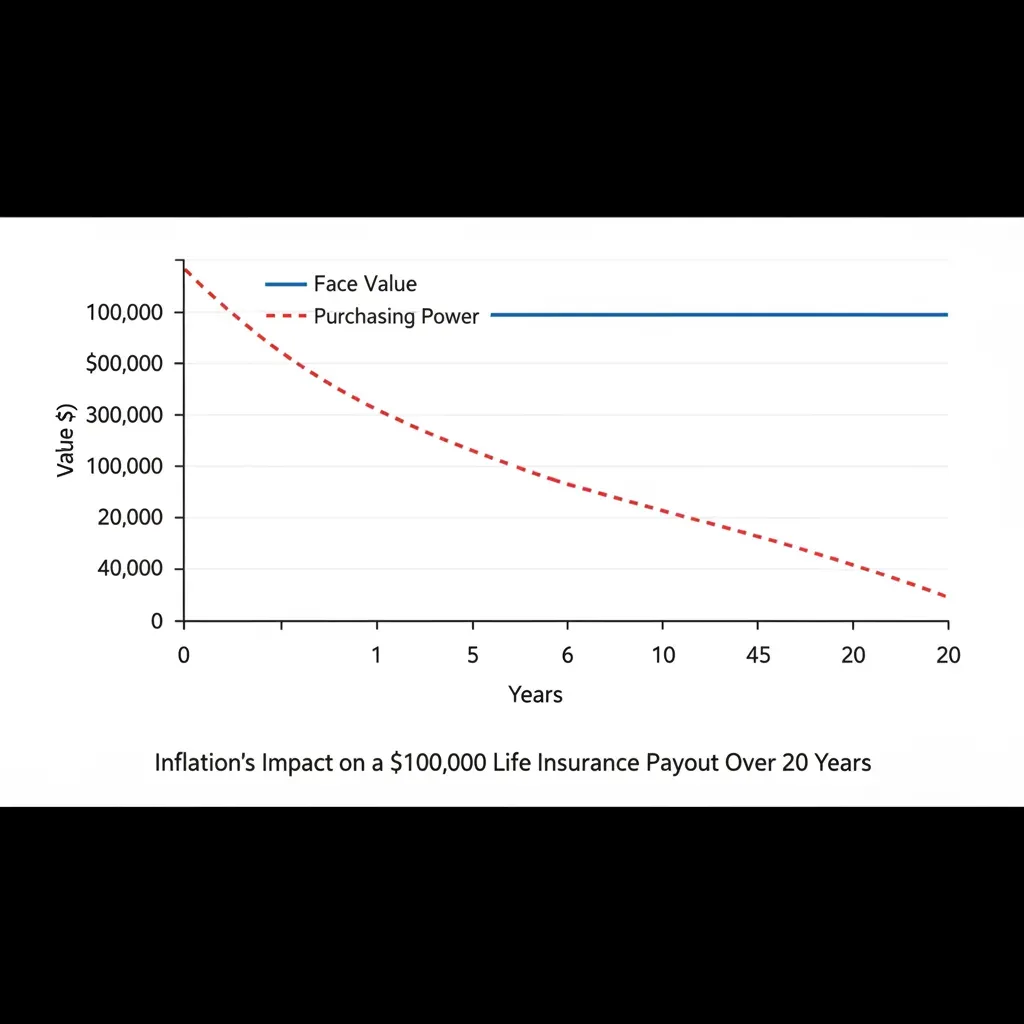 A simple line graph showing two lines. One line stays flat representing 'Face Value', the other line curves downward representing 'Purchasing Power' over 20 years due to inflation. Alt text: Graph showing how inflation reduces the value of a life insurance payout over 20 years.