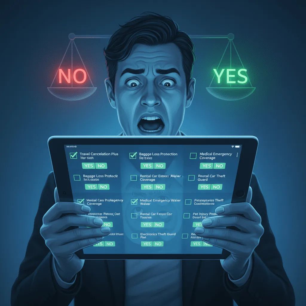 A conceptual illustration showing a consumer overwhelmed by insurance checkboxes at a digital checkout screen, with a 'Yes/No' decision scale in the background.