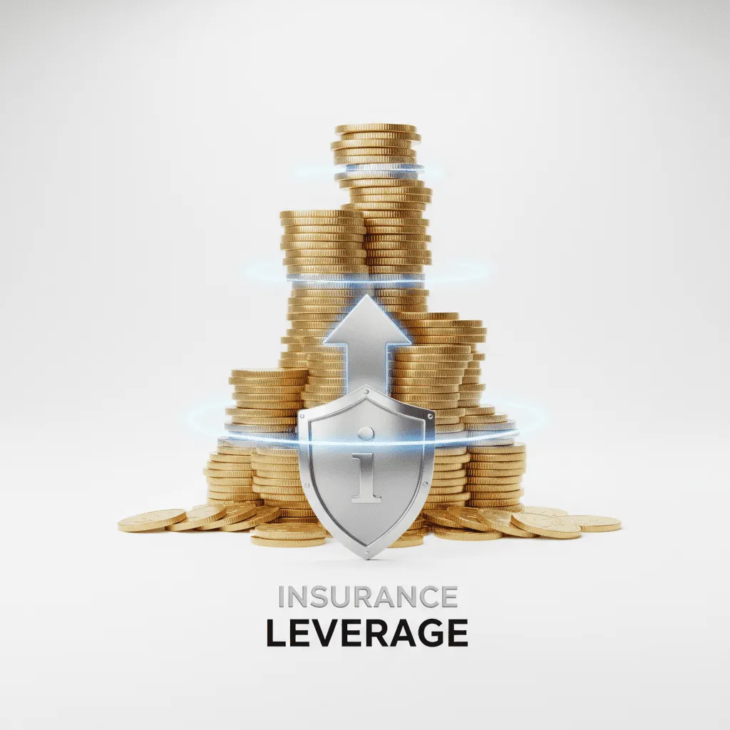 A minimalist infographic showing a small shield protecting a large stack of gold coins, representing the concept of 'leverage' in insurance