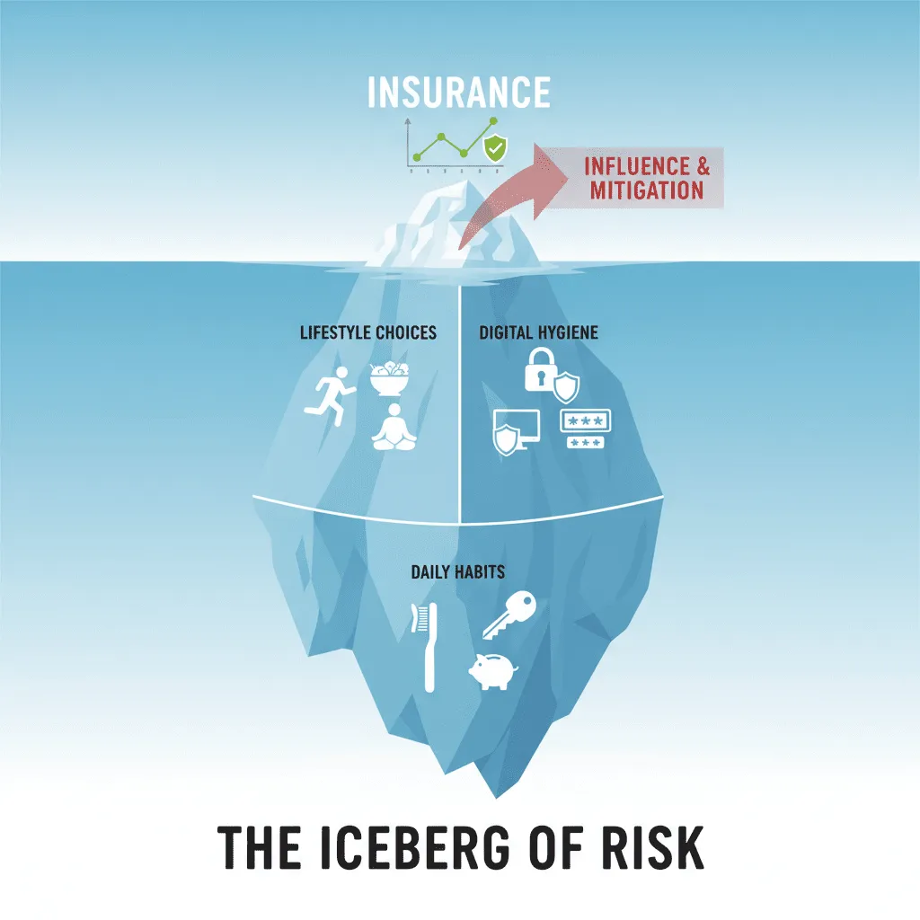 An infographic illustrating the "Iceberg of Risk," showing insurance covering the visible tip, while lifestyle choices, digital hygiene, and daily habits make up the massive submerged portion.