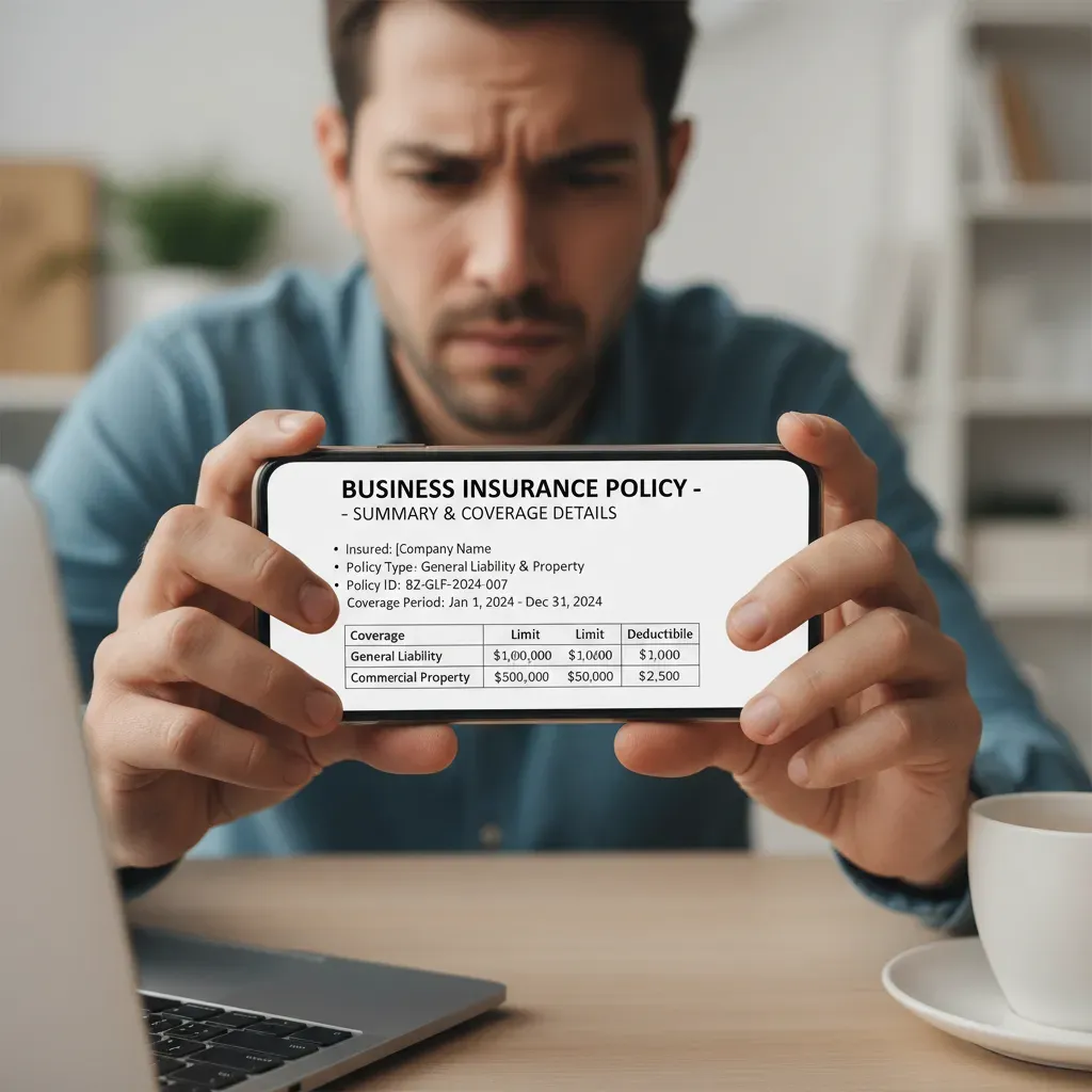 A close-up of a person holding a smartphone, reviewing an insurance policy document on the screen with a focused expression. Alt text: Remote worker checking business insurance policy details on a phone.