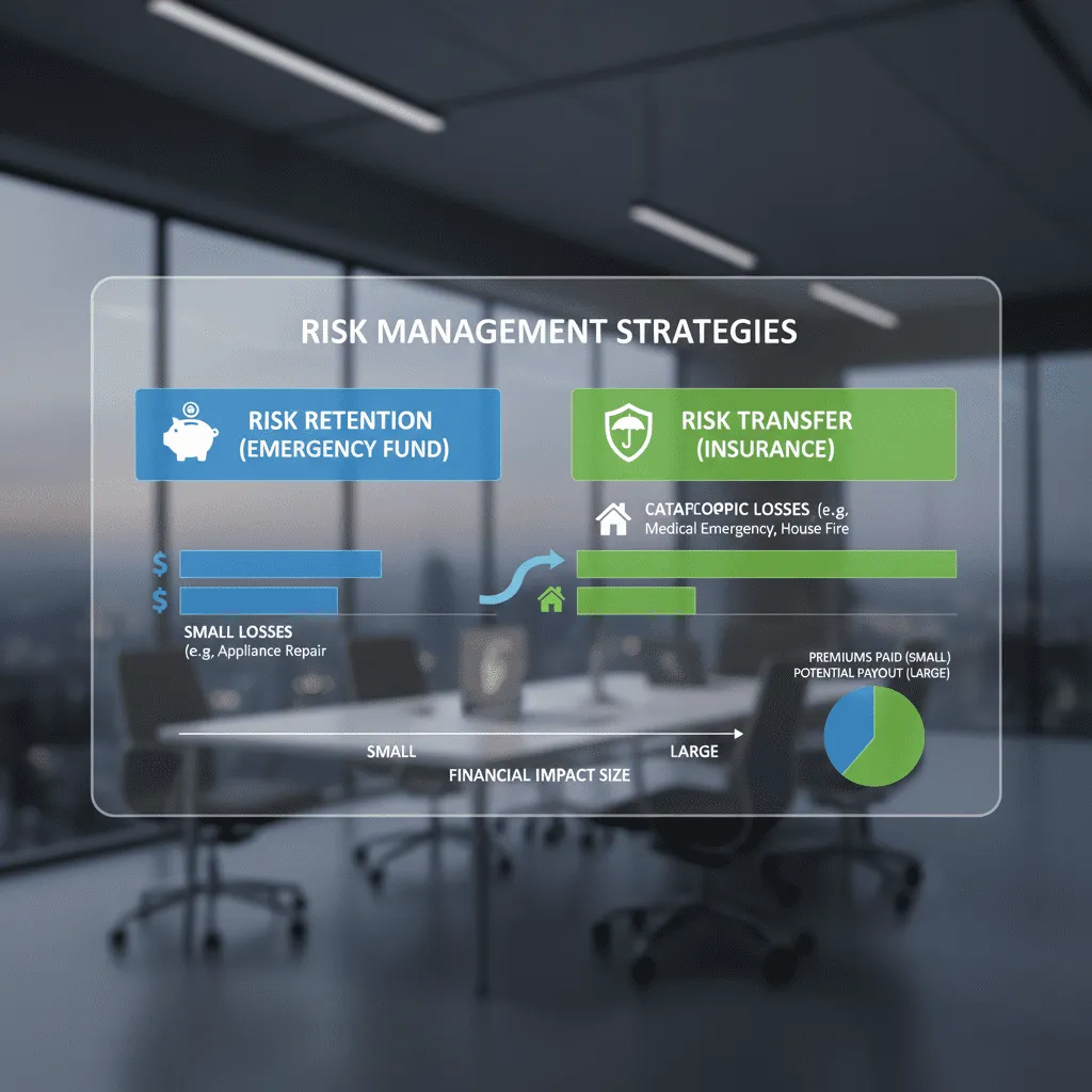 A chart comparing "Risk Retention" (Emergency Fund) vs. "Risk Transfer" (Insurance) showing which financial tools handle small vs. catastrophic losses.