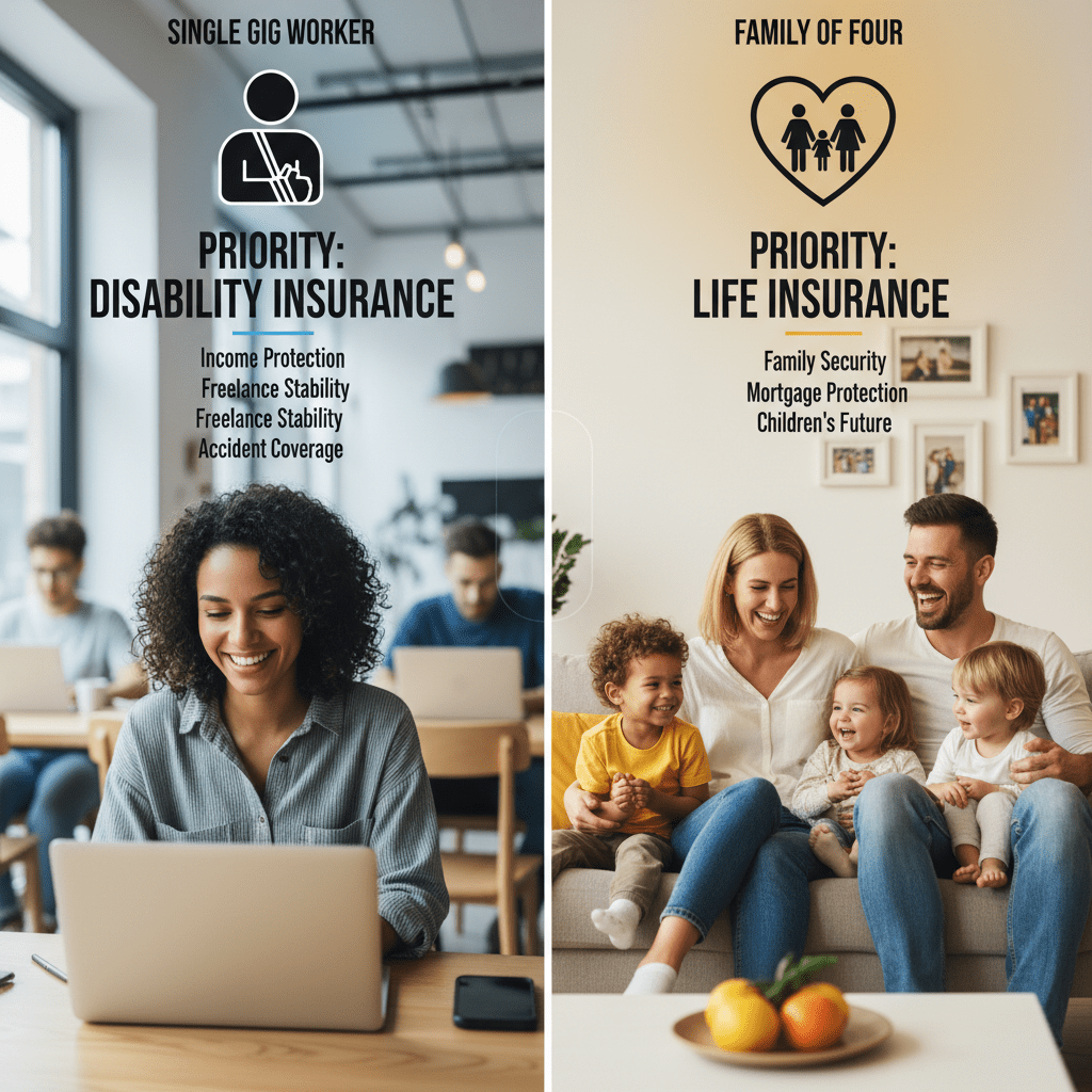 A split-screen infographic comparing the insurance priorities of a single gig worker versus a family of four, highlighting disability insurance for the former and life insurance for the latter.