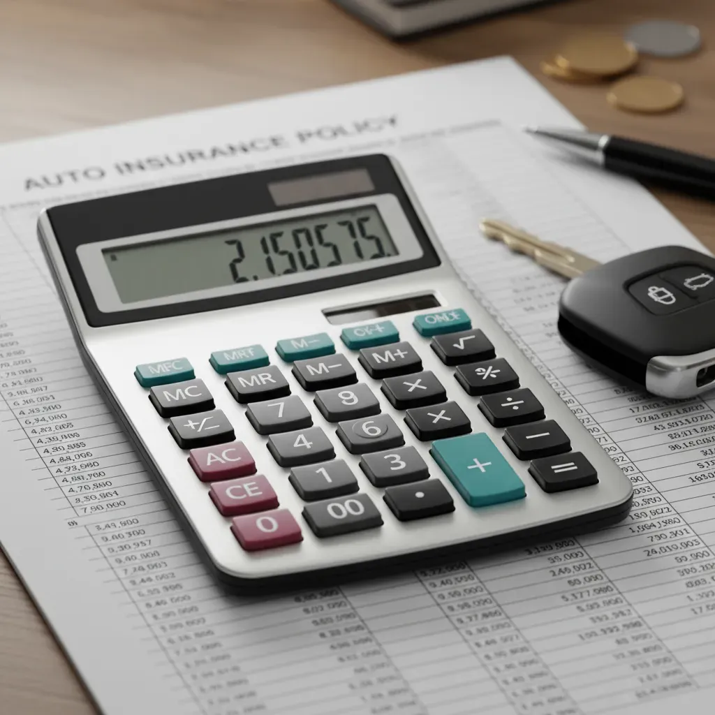 A close-up photo of a calculator sitting on top of an auto insurance policy document, with a car key next to it, illustrating the financial calculation aspect.