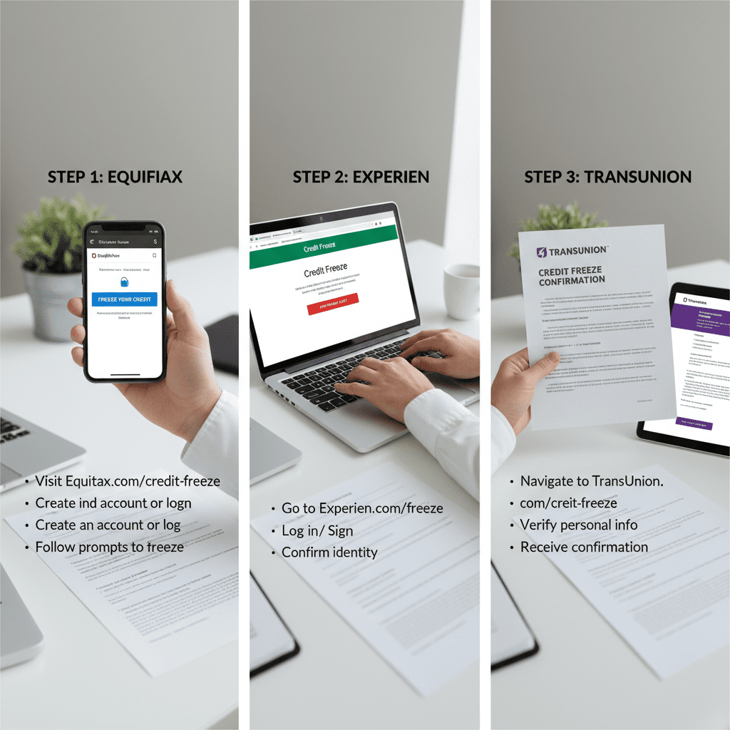 Step-by-step visual guide showing how to freeze credit at the three major bureaus.