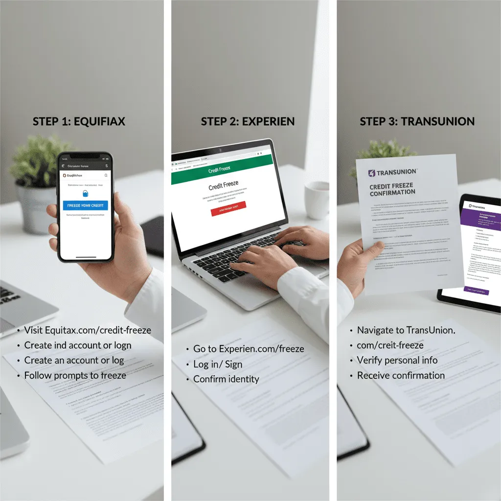 Step-by-step visual guide showing how to freeze credit at the three major bureaus.