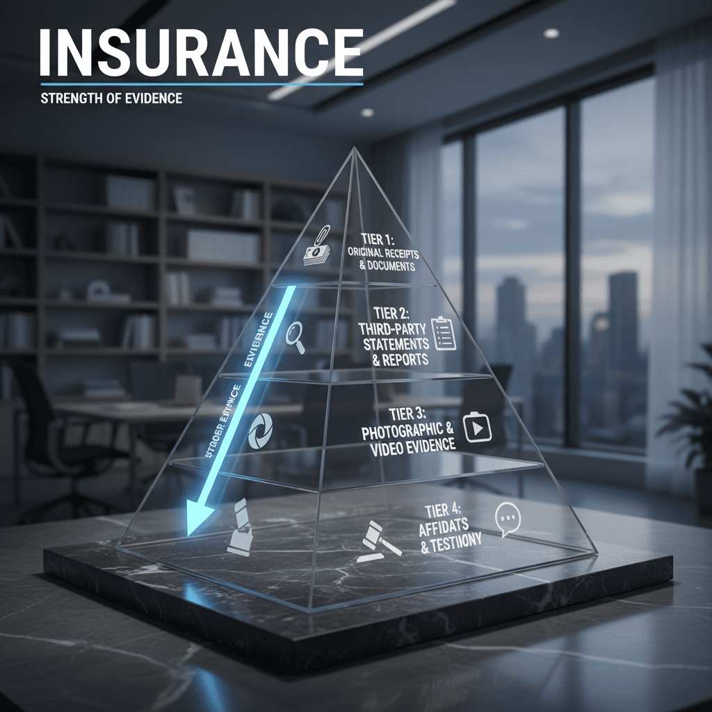 What Evidence Do Insurers Really Need? An infographic pyramid showing Tier 1 at the top (Original Receipts) down to Tier 4 (Affidavits), illustrating the strength of evidence.