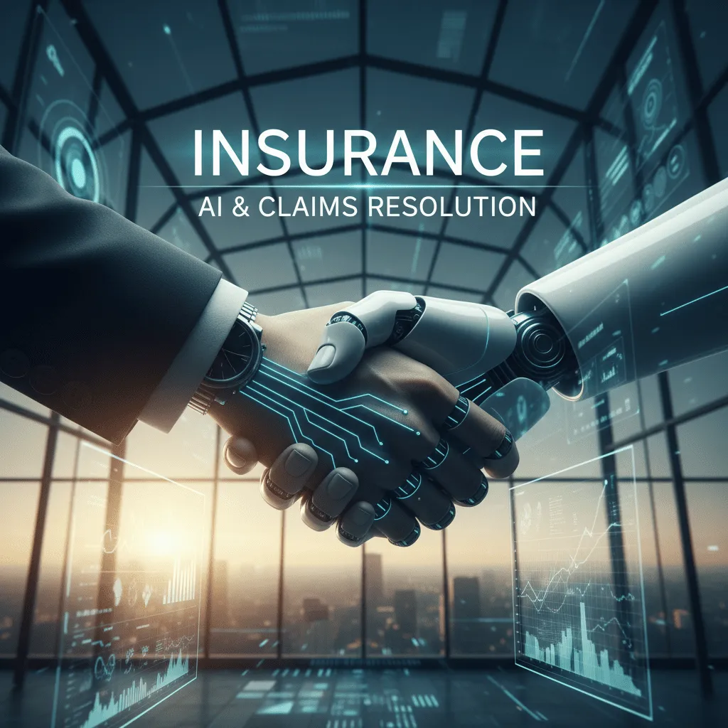 A conceptual illustration showing a human hand shaking a robotic hand, representing the intersection of AI and insurance claims