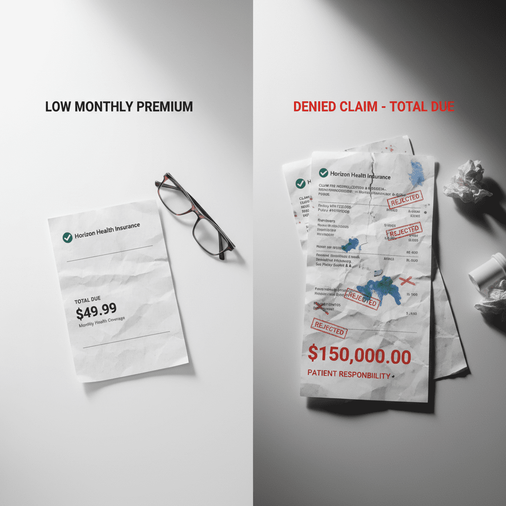 Balancing Insurance Cost with Quality Coverage A split-screen comparison visual showing a low monthly premium bill on the left versus a massive