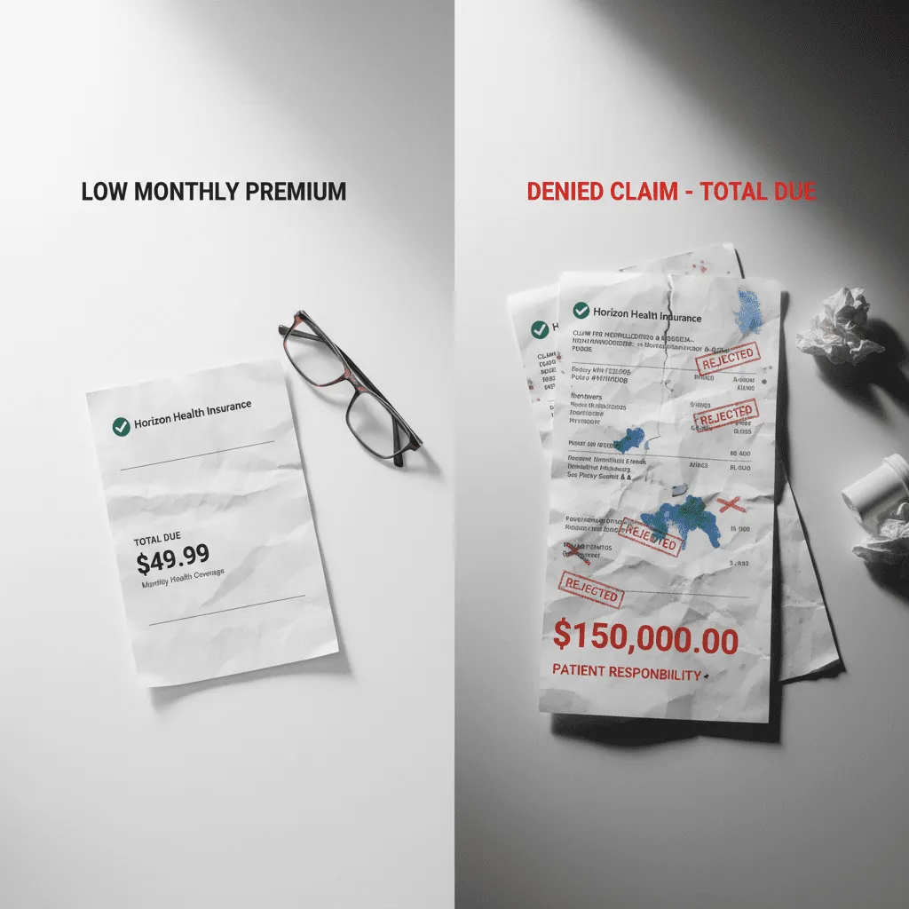 A split-screen comparison visual showing a low monthly premium bill on the left versus a massive 'Denied Claim' invoice on the right, symbolizing the hidden cost of cheap insurance.