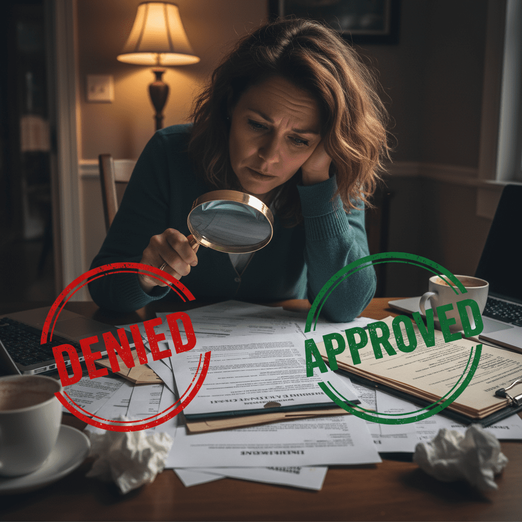 What Evidence Do Insurers Really Need? A stressed homeowner looking at a stack of papers with a magnifying glass, overlay showing