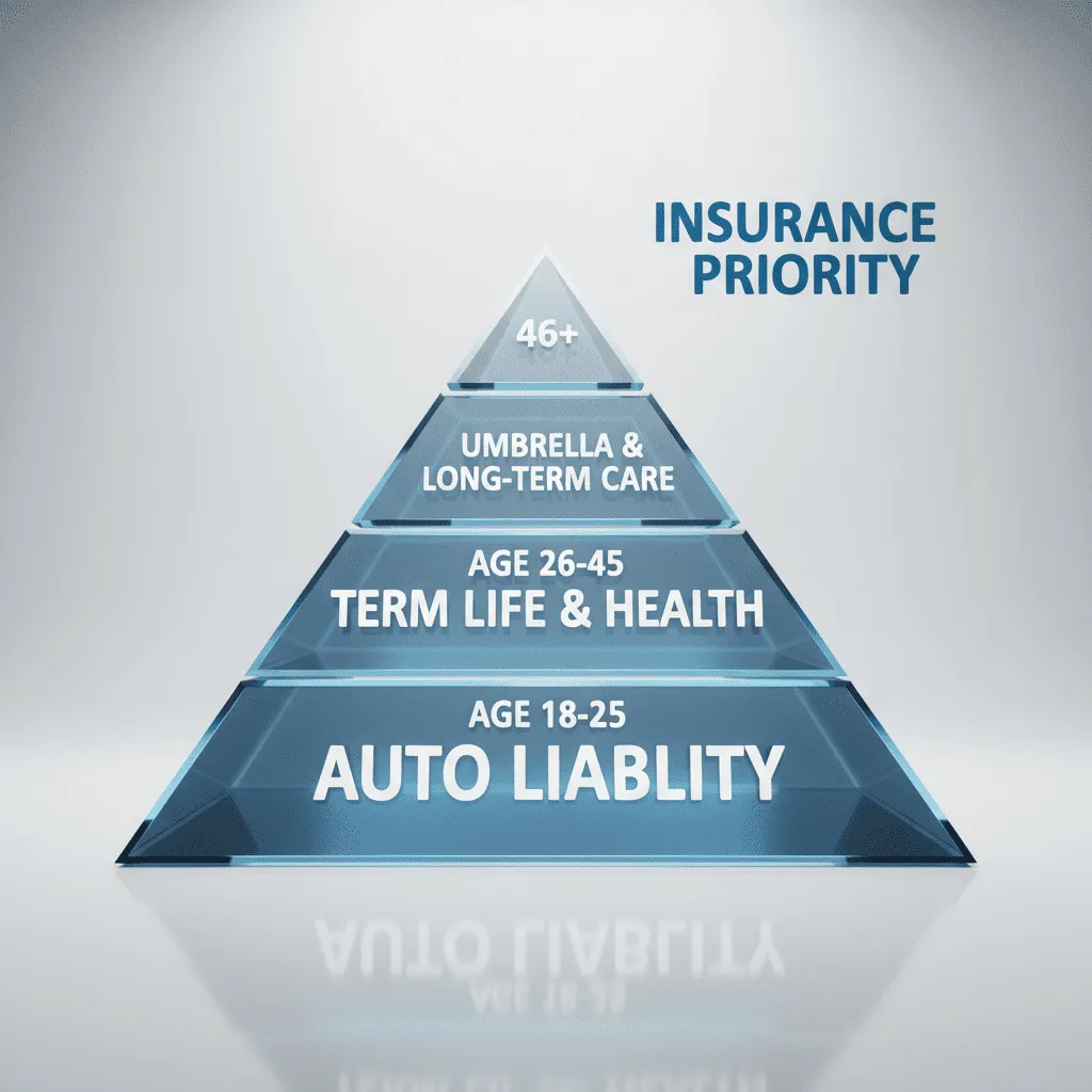 A conceptual "Priority Pyramid" graphic. The base layer (Age 18-25) highlights Auto Liability, the middle layer (26-45) highlights Term Life and Health, and the top layer (46+) highlights Umbrella and Long-Term Care. The background is clean and professional.