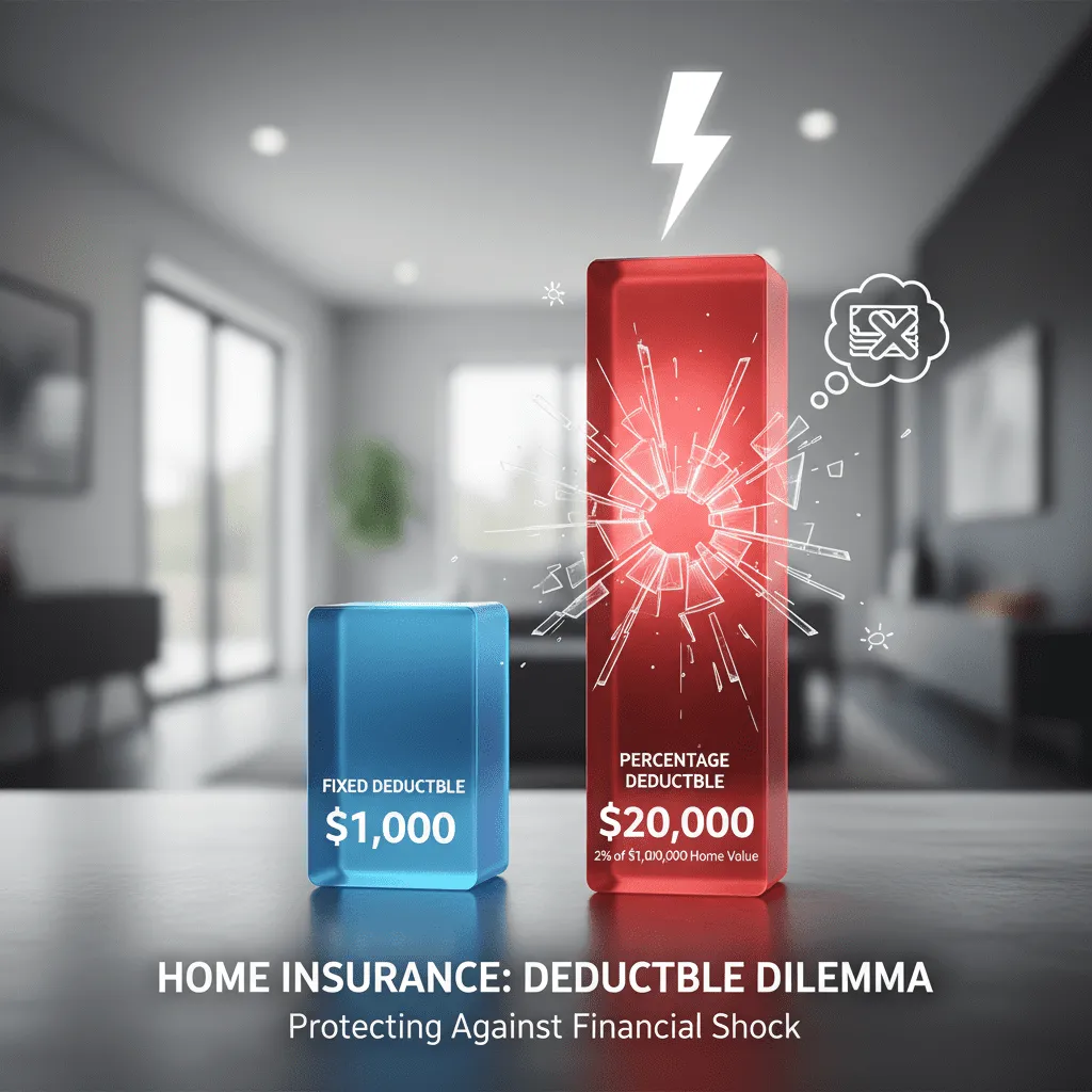 A bar chart comparing 'Fixed Deductible' ($1,000) versus 'Percentage Deductible' ($20,000) on a standard home, illustrating the financial shock of high-deductible budget plans.