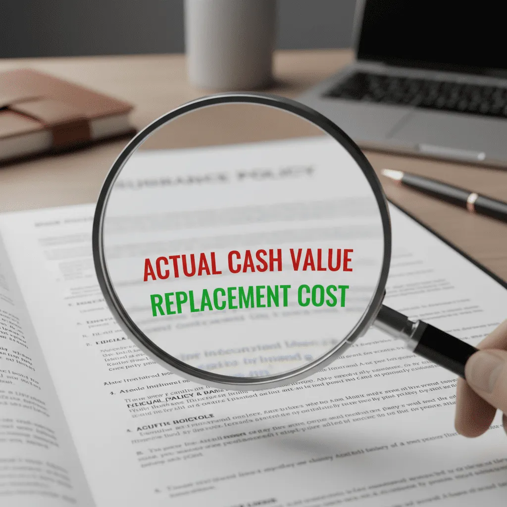 A close-up illustration of a policy document with a magnifying glass hovering over the words "Actual Cash Value" highlighted in red and "Replacement Cost" highlighted in green.