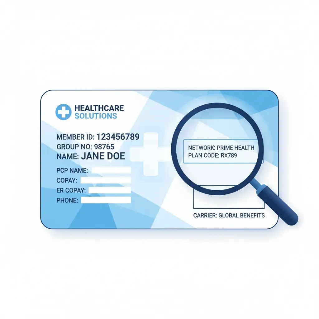 A graphic illustration showing a generic health insurance card. A magnifying glass highlights the specific 
