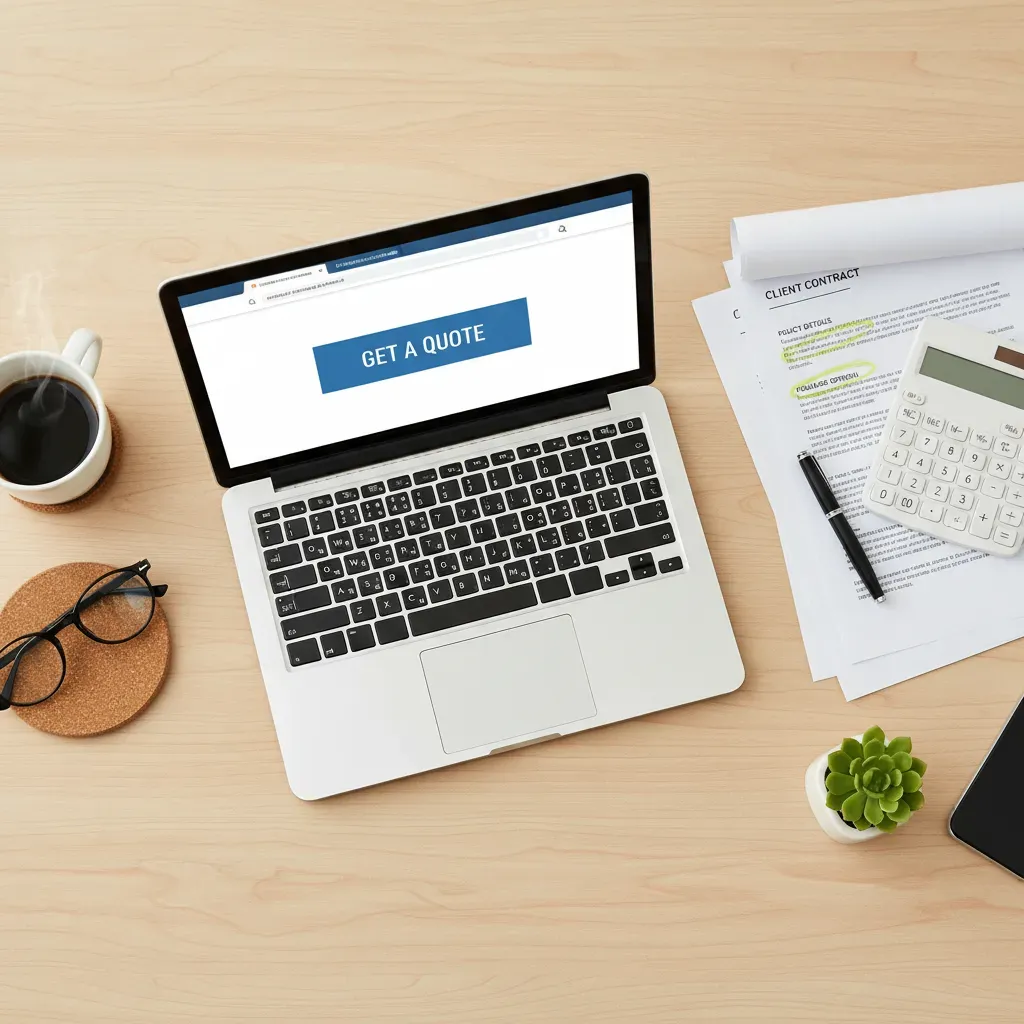 A flat-lay photograph of a clean wooden desk with a laptop, a calculator, a highlighted client contract, and a coffee cup, illustrating the preparation needed for an insurance quote. The laptop screen shows a generic 'Get a Quote' button.