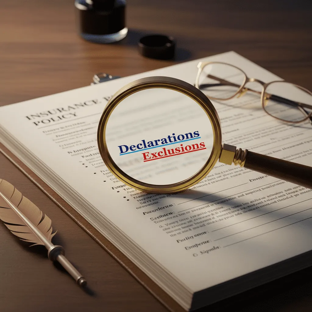 A high-quality conceptual image showing an insurance policy document on a wooden desk, with a magnifying glass highlighting the words 'Declarations' and 'Exclusions', symbolizing the need to look closer.