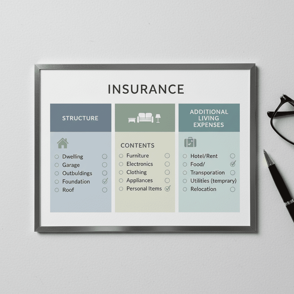 What Evidence Do Insurers Really Need? A checklist graphic split into three sections: Structure, Contents, and Additional Living Expenses.