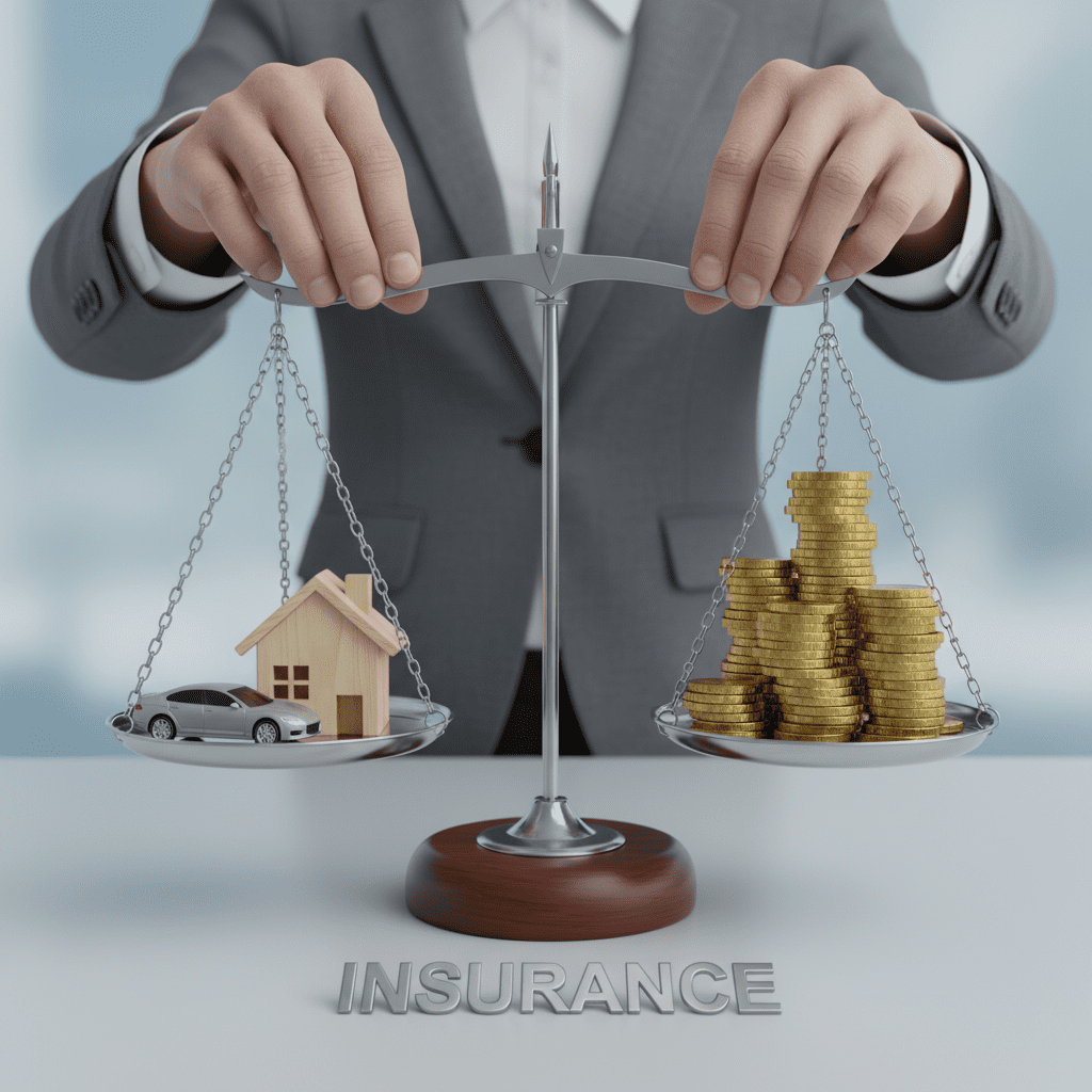 A conceptual image showing a person balancing a model house and a car on a scale against a stack of gold coins, representing the balance between coverage and budget.