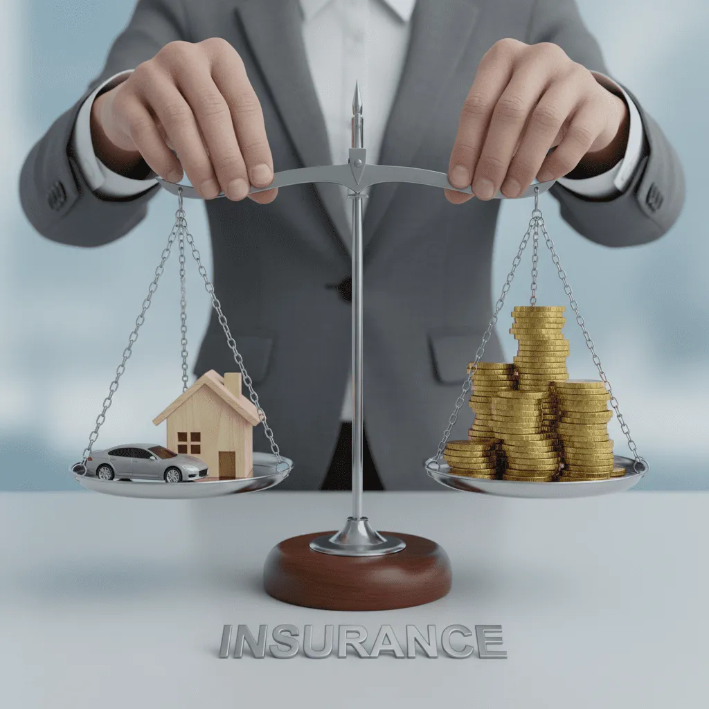 A conceptual image showing a person balancing a model house and a car on a scale against a stack of gold coins, representing the balance between coverage and budget.