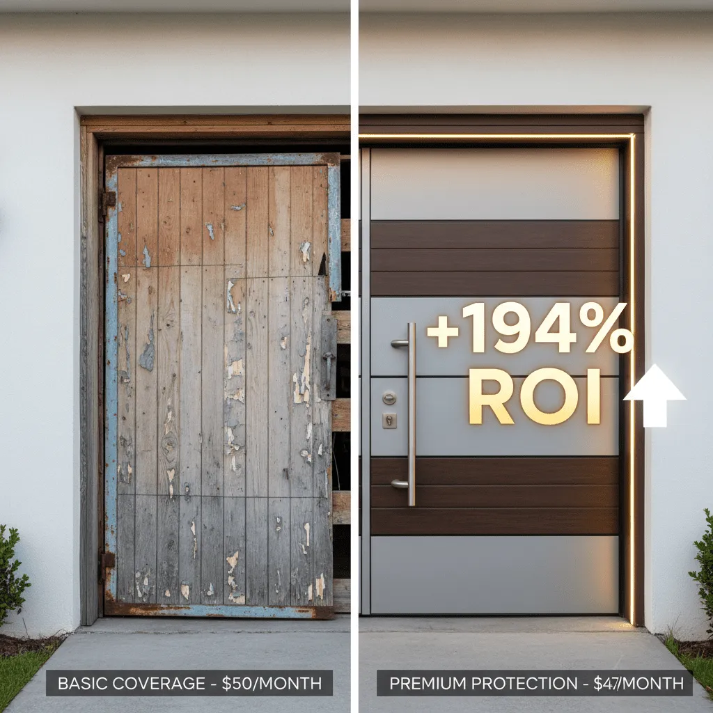 A split-screen comparison of two garage doors. One is basic and flimsy (low quote), the other is robust and stylish (high quote), with a graphic overlay showing "+194% ROI" on the stylish one.