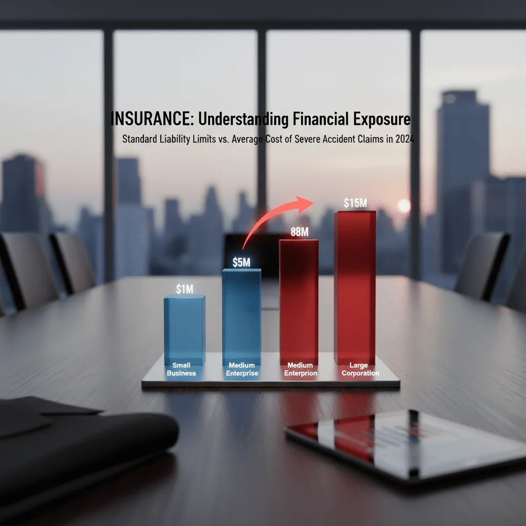 A bar chart comparing "Standard Liability Limits" vs. "Average Cost of Severe Accident Claims in 2024," illustrating potential financial exposure.